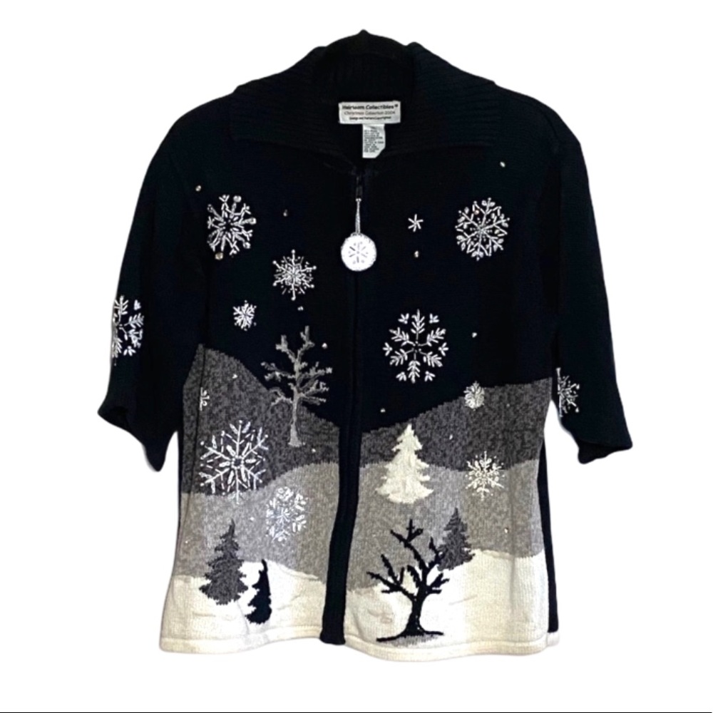 Holiday Christmas Black Ramie Cotton Blend Zip Med